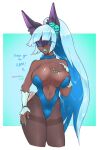  1girl animal_ear_fluff animal_ears bare_shoulders blue_choker blue_hair blue_leotard blue_lips blue_nails breasts choker ciella covered_eyes cowboy_shot dark-skinned_female dark_skin dragalia_lost dragalialust english_commentary facing_viewer highres large_breasts leotard lipstick long_hair makeup navel playboy_bunny ponytail rabbit_ears rabbit_tail solo strapless strapless_leotard tail very_long_hair 