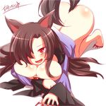  all_fours animal_ears ass bad_id bad_pixiv_id banned_artist barefoot bottomless breasts brooch brown_hair cleavage fang hair_over_one_eye imaizumi_kagerou jewelry kisaragi_zwei large_breasts long_sleeves open_mouth red_eyes revision shirt smile solo tail touhou wide_sleeves wolf_ears wolf_tail 