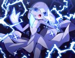  alternate_color blue_eyes blue_skin colored_skin cowboy_shot dress electricity gardevoir glowing highres looking_at_viewer lotosu open_mouth pokemon pokemon_(creature) signature solo tongue white_dress white_skin 