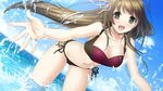  1girl bikini black_eyes blush breasts brown_hair cleavage cloud clouds game_cg happy haru_kiss highres large_breasts leaning_forward legs long_hair looking_at_viewer marui_(koedame) mikoto_akemi navel ocean open_hands open_mouth sky smile standing swimsuit thighs water yasumi_itsuki 