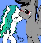 arturo_wolff arturowolff_(artist) black_body duo earth_pony equid equine eyes_closed fan_character female feral friendship_is_magic grey_body hair hasbro hi_res horse hug kissing_cheek long_hair male male/female mammal my_little_pony mythological_creature mythological_equine mythology notched_ear pegasus pony red_eyes scar shocked short_hair side_view signature standing wings