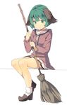  animal_ears bamboo_broom broom dress green_eyes green_hair hasebe_yuusaku kasodani_kyouko short_hair skirt smile solo touhou 