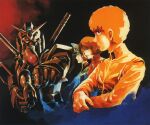  1980s_(style) 1boy 2girls aiming aiming_at_viewer amuro_ray beam_rifle concept_art earth_federation_space_forces energy_gun fraw_bow glint gundam hat looking_at_viewer matilda_ajan mecha military military_uniform mobile_suit mobile_suit_gundam multiple_girls official_art painting_(medium) production_art promotional_art retro_artstyle robot rx-78-2 scan science_fiction scope traditional_media uniform upper_body v-fin weapon yasuhiko_yoshikazu 