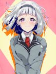  1girl anna_nishikinomiya arms_under_breasts bangs blunt_bangs blush bompay breasts choker collar eyebrows_visible_through_hair green_eyes hairband heart heart-shaped_pupils large_breasts looking_at_viewer necktie pink_background red_neckwear school_uniform shadow shimoneta_to_iu_gainen_ga_sonzai_shinai_taikutsu_na_sekai shirt short_hair silver_hair simple_background smile solo symbol-shaped_pupils white_shirt yellow_background 