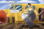 2024 aircraft airplane anthro baloo basicbiscuit bear belly big_belly big_butt bottomless bottomless_anthro bottomless_male butt claws clothed clothing cloud dialogue disney fangs featureless_crotch hand_on_belly hat headgear headwear hi_res jacket looking_at_viewer male mammal moobs obese obese_anthro obese_male open_mouth overweight overweight_anthro overweight_male side_view signature solo speech_bubble talespin teeth text the_jungle_book toe_claws tongue topwear vehicle wide_eyed