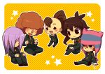  5boys animal_nose arm_support black_eyes black_pants border brown_hair chibi chibi_only clenched_hands curly_hair freckles full_body gakuran hair_over_eyes handa_shin&#039;ichi hat inazuma_eleven inazuma_eleven_(series) kageno_jin kotorai long_sleeves male_focus matsuno_kuusuke multiple_boys open_mouth outline pants ponytail school_uniform shishido_sakichi short_hair shourinji_ayumu signature sitting smile star_(symbol) white_border white_outline 