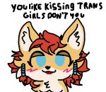 anonymous_artist anthro black_nose blue_eyes blush blush_lines boy_kisser_(meme) canid canine canis digital_media_(artwork) female fur gynomorph_(lore) hair intersex_(lore) looking_at_viewer mammal meme red_hair red_wolf simple_background smug smug_face solo text trans_(lore) trans_woman_(lore) wolf wolf_nanaki