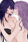  2girls bandeau bare_arms bare_shoulders black_swan_(honkai:_star_rail) breasts buttertoaxt cleavage commentary grey_hair highres honkai:_star_rail honkai_(series) multicolored_hair multiple_girls open_mouth purple_eyes purple_hair saliva saliva_trail simple_background strapless streaked_hair tongue tongue_out upper_body white_background yuri 