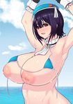  amamiya_(abaros) arms_up bikini black_hair breasts hat huge_breasts inverted_nipples kantai_collection nipples red_eyes short_hair solo swimsuit takao_(kantai_collection) 