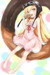  bakemonogatari barefoot blonde_hair doughnut dress food goggles goggles_on_head helmet highres long_hair monogatari_(series) oshino_shinobu oversized_object solo toki/ yellow_eyes 