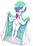  clothes_lift colored_skin dress dress_lift gardevoir green_hair hair_over_one_eye looking_at_viewer multicolored_skin nollety pink_eyes pokemon pokemon_(creature) simple_background two-tone_skin white_background white_dress white_skin 
