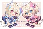  2girls animal_ear_fluff animal_ears animal_hands ashikawa_shiho belt black_sash blonde_hair blue_belt blue_eyes blue_hair blue_kimono character_name chibi dog_ears dog_girl dog_paws dog_tail fang floral_print_kimono flower fuwawa_abyssgard fuwawa_abyssgard_(new_year) hair_flower hair_ornament hololive hololive_english japanese_clothes kimono long_hair medium_hair mococo_abyssgard mococo_abyssgard_(new_year) multicolored_hair multiple_girls official_alternate_costume open_mouth pink_belt pink_eyes pink_hair pink_kimono ponytail sash siblings sisters skin_fang sleeveless sleeveless_kimono smile streaked_hair tail twins twintails virtual_youtuber 