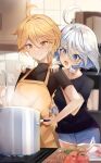  1boy 1girl absurdres aether_(genshin_impact) ahoge alternate_costume apron behind_another bimmy black_shirt black_undershirt blonde_hair blue_eyes blue_shorts brown_apron casual closed_mouth cooking cooking_pot cowlick furina_(genshin_impact) genshin_impact hands_on_another&#039;s_shoulders heterochromia highres indoors kitchen long_hair low-braided_long_hair low-tied_long_hair open_mouth shirt short_hair short_shorts shorts smile tomato upper_body wavy_hair white_hair yellow_eyes 