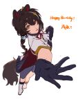  1girl animal_ears black_gloves braid brown_hair chinese_commentary commentary_request dog_ears dog_girl dog_tail full_body gloves happy_birthday heterochromia highres inui_toko lingyi looking_at_viewer neck_ribbon nijisanji parted_lips reaching reaching_towards_viewer red_eyes red_ribbon ribbon solo tail twin_braids virtual_youtuber white_background white_footwear yellow_eyes 