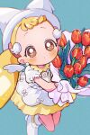 1girl blonde_hair blue_background bouquet brown_eyes chromatic_aberration closed_mouth dress flower from_above gloves hat highres holding holding_bouquet long_hair looking_at_viewer magical_girl makihatayama_hana momiji_(lucario) ojamajo_doremi puffy_short_sleeves puffy_sleeves red_flower red_tulip short_bangs short_sleeves solo standing tulip twintails very_long_hair white_dress white_footwear white_gloves white_hat white_wings wing_hair_ornament wings 
