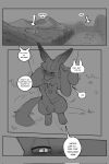 ambiguous_gender anthro biped blush comic dialogue duo english_text fur generation_4_pokemon generation_9_pokemon hi_res lucario meowscarada monochrome nintendo pokemon pokemon_(species) pupils samu_(sincastermon) sincastermon slit_pupils speech_bubble tail tail_motion tailwag text vine_(sincastermon)