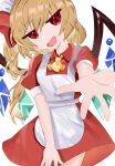  absurdres apron ascot blonde_hair cowboy_shot crystal_wings dress flandre_scarlet highres maid maid_apron maid_headdress medium_hair open_mouth reaching reaching_towards_viewer red_dress red_eyes side_ponytail simple_background teruteru_(pixiv_98065144) touhou white_background yellow_ascot 