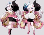  1girl animal_ears bell blue_eyes breasts choker cow_ears cow_horns cow_tail cowbell gigantic_breasts grey_eyes high_heels highres horns huge_breasts huge_horns mato_tsuyoi miniskirt neck_bell oppai_loli original short_hair simple_background skirt tail white_hair yamada_vanhouten 