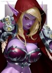 2024 absurd_res armor big_breasts bikini_armor blizzard_entertainment blonde_hair bone breasts elf elola feathers female hair hi_res high_elf hood humanoid humanoid_pointy_ears japanese_text looking_aside navel purple_body purple_skin red_eyes simple_background skull skull_accessory solo sylvanas_windrunner text unconvincing_armor undead warcraft white_background
