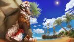 anthro blue_body blue_fur blue_sky boat canid canine canis claws cloud fur hi_res magayser male mammal muscular muscular_male okdrsutsu palm_tree plant red_body red_fur rock sand sea sky solo teeth tree vehicle water watercraft white_body white_fur wolf yellow_claws