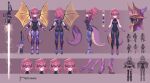  1girl armor ass black_bodysuit bodysuit breasts color_guide energy_sword from_behind from_side full_body grape_(vtuber) highres horns indie_virtual_youtuber large_breasts leg_armor medium_hair multiple_views pointy_ears ponytail red_hair reference_sheet roober shoulder_armor sleeveless sleeveless_bodysuit smile straight-on sword tail tight_clothes twitter_username virtual_youtuber weapon wings 