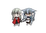  2girls a_jak animal_ears bang_dream! bang_dream!_it&#039;s_mygo!!!!! basket blue_hair cape chain chain_leash chibi closed_mouth collar commentary_request expressionless green_hair holding holding_basket holding_leash kemonomimi_mode korean_commentary leash long_hair multiple_girls open_mouth red_cape sweatdrop tail togawa_sakiko two_side_up wakaba_mutsumi wolf_ears wolf_girl wolf_tail yellow_eyes 
