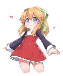  1girl :3 black_sleeves blonde_hair blue_eyes dress heart highres long_hair long_sleeves mega_man_(classic) mega_man_(series) outstretched_arms ponytail ribbon roll_(mega_man) short_dress smile solo tamase_tama thighs 