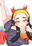  1girl 3656_chan bag_of_chips black_hair carmine_(pokemon) chips_(food) covering_own_mouth eating food food_on_clothes food_on_face hair_pulled_back hairband highres kneepits long_hair looking_at_viewer mole mole_under_eye multicolored_hair pokemon pokemon_sv red_hair solo sweater two-tone_hair white_background yellow_eyes yellow_hairband 