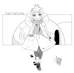  1girl bag cat coat full_body greyscale highres long_hair looking_at_viewer monochrome nekopantsu_(blt) open_mouth original quinzhee scarf shoulder_bag smile snow_rabbit snow_shelter solo 