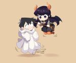  1boy 1girl absurdres artist_name black_dress black_hair black_scrunchie black_wings breasts chibi cleavage closed_mouth commentary dress flower full_body ghost_costume hair_flower hair_ornament hair_scrunchie halloween highres horns j_humbo komi-san_wa_komyushou_desu komi_shouko long_sleeves looking_at_another low_twintails motion_lines neck_ribbon no_mouth no_nose orange_horns orange_pantyhose orange_ribbon pantyhose raised_eyebrows ribbon scrunchie short_hair signature simple_background sleeves_past_fingers sleeves_past_wrists swept_bangs symbol-only_commentary tadano_hitohito twintails wings 