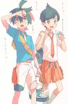  2boys absurdres bag black_hair blue_shirt bottle collared_shirt florian_(pokemon) hair_between_eyes highres holding holding_bag honyaru_(nanairo39) kieran_(pokemon) male_focus mole mole_on_neck multicolored_hair multiple_boys naranja_academy_school_uniform open_mouth orange_eyes pokemon pokemon_sv school_uniform shirt short_sleeves shorts simple_background sweat translation_request water_bottle white_shirt 