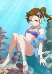  1girl absurdres air_bubble arms_at_sides bare_shoulders bikini bracelet breasts brown_eyes brown_hair bubble cleavage closed_mouth collarbone commentary_request convenient_leg feet floating_hair full_body futami_mami highres idolmaster idolmaster_(classic) idolmaster_million_live! idolmaster_million_live!_theater_days jewelry knees_together_feet_apart knees_up looking_at_viewer mappy_(minogue) medium_hair necklace pearl_anklet pearl_bracelet pearl_necklace purple_bikini sandals shell shell_bikini shell_hair_ornament sitting small_breasts smile solo split_mouth swimsuit thighs toes underwater 