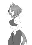  1girl animal_ears breasts facing_to_the_side fukuro_(maruaru00) greyscale hands_on_own_hips highres horse_ears horse_girl horse_tail medium_breasts monochrome multicolored_hair pants short_hair solo sports_bra steam sweat tail tight_clothes tight_pants toned two-tone_hair umamusume white_background wide_hips yaeno_muteki_(umamusume) 