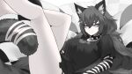 1girl animal_ear_fluff animal_ears bandaged_tail bell black_collar black_shirt black_sleeves breasts cat_ears cat_girl cat_tail closed_mouth collar gh0st_(vtuber) grey_eyes grey_hair hair_between_eyes highres indie_virtual_youtuber k_(art71) large_breasts long_hair mole mole_under_eye neck_bell no_pants pale_skin shirt solo spiked_collar spikes striped_sleeves tail thank_you twitter_username two-tone_sleeves virtual_youtuber white_sleeves 