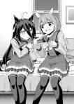  :d ahoge animal_ears bed birthday_cake black_hair bow bowtie braid cake crown_braid ear_covers earrings feet_out_of_frame food greyscale highres holding holding_plate horse_ears horse_girl horse_tail horseshoe_ornament indoors jewelry long_bangs long_hair long_sleeves manhattan_cafe_(umamusume) monochrome plate pleated_skirt sailor_collar sailor_shirt school_uniform serafuku shirt short_hair single_earring sitting skirt smile tail thighhighs tracen_school_uniform umamusume white_hair yukiharu yukino_bijin_(umamusume) 