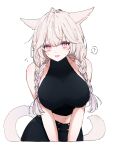  1girl ? absurdres animal_ears braid breasts brown_hair cat_ears cat_tail facial_mark fang final_fantasy final_fantasy_xiv halterneck highres large_breasts leaning_forward long_hair looking_at_viewer midriff miqo&#039;te navel red_eyes sana_(sanamaru_0w0) skin_fang sleeveless slit_pupils spoken_question_mark tail twin_braids whisker_markings 