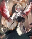  1girl black_sclera blood bloody_wings candle colored_sclera ender_lilies_quietus_of_the_knights expressionless feathered_wings grey_hair guardian_silva habit highres holding holding_weapon indoors kakuwashi looking_at_viewer nun red_eyes sketch solo weapon white_wings wings 