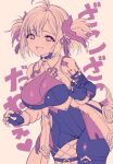  1girl ahoge asymmetrical_clothes blush breasts chichiri cleavage cowboy_shot draph ekra granblue_fantasy highres horns large_breasts looking_at_viewer sepia short_hair skindentation smile solo thighs 
