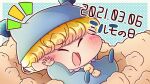  1boy ^_^ arms_up blonde_hair blue_hat blue_pajamas blush blush_stickers closed_eyes commentary_request dated happy hat male_focus mini_person miniboy mirumo mirumo_de_pon! nightcap notice_lines open_mouth pajamas pi_no_0320 short_hair solo 