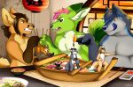 absurd_res anthro boat canid canine canis extreme_size_difference food fox group hi_res japanese lamp lantern macro male male/male mammal micro overweight overweight_anthro overweight_male paper_lantern restaurant size_difference sushi thaismotosuwa vehicle watercraft wolf