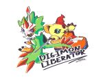  artist_name bird button_eyes buttons copyright_name digimon digimon_liberator dragon eye_mask feathers green_eyes green_feathers holding holding_needle needle notaventura pteromon purple_eyes shoemon simple_background white_background 