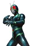  1994 anniversary antennae belt bodysuit fighting_stance highres kamen_rider kamen_rider_j kamen_rider_j_(movie) male_focus masukudo_(hamamoto_hikaru) red_eyes solo standing white_background 