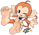 5_fingers 5_toes absurd_res anthro barefoot feet female fingers haplorhine hi_res humanoid_feet humanoid_pointy_ears light_body light_skin mammal monkey one_eye_closed open_mouth open_smile oyatsu plantigrade primate signature simple_background smile solo super_monkey_ball toes wink