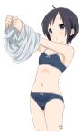  1girl black_eyes black_hair blue_bra blush bow bow_bra bow_panties bra flat_chest highres kurosaki_honoka midriff panties retsumaru short_hair simple_background solo training_bra underwear underwear_only undressing yama_no_susume 