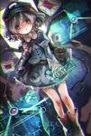  ankle_boots backpack bag blue_eyes blue_hair boots dress engineer english extra_arms hair_bobbles hair_ornament hat holographic_interface kawashiro_nitori key mechanical_arms pocket sanso shirt short_hair skirt skirt_set solo touhou two_side_up 