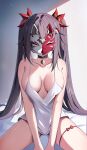  1girl absurdres black_hair breasts camisole commentary facial_mark fox_mask hair_ornament highres honkai:_star_rail honkai_(series) large_breasts long_hair looking_at_viewer mask purple_eyes sitting solo spaghetti_strap thigh_strap thighs twintails very_long_hair yeni1871 
