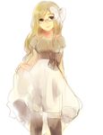  axis_powers_hetalia bad_id bad_pixiv_id black_legwear blonde_hair blue_eyes bow collarbone dress dress_lift glasses hair_bow long_hair monaco_(hetalia) pantyhose pomuta_(tama922) puffy_short_sleeves puffy_sleeves short_sleeves simple_background smile solo white_background white_bow 