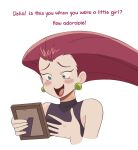  1girl blue_eyes blush_stickers earrings english_text highres holding_portrait jessie_(pokemon) jewelry kiana_mai lipstick long_hair makeup open_mouth picture_frame pokemon pokemon_(anime) red_hair simple_background smile solo upper_body white_background 