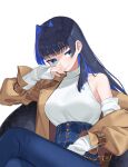  1girl bare_shoulders bent_over black_hair blue_eyes blue_hair blue_pants blunt_bangs breasts brown_coat coat colored_inner_hair denim hair_intakes high-waist_pants highres hololive hololive_english jeans kam-ja large_breasts long_hair long_sleeves multicolored_hair official_alternate_costume official_alternate_hair_length official_alternate_hairstyle ouro_kronii ouro_kronii_(casual) pants solo sweater sweater_tucked_in trench_coat turtleneck virtual_youtuber white_sweater 