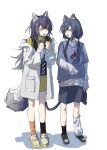  2girls :d :o animal_ears arm_at_side black_necktie black_socks black_vest blue_hair blue_shorts blue_sweater blush bone_hair_ornament cat_ears cat_girl cat_tail chuanzhoujikou collared_shirt dog_ears dog_girl dog_tail eye_contact grey_eyes grey_shirt hair_between_eyes hair_ornament hands_up highres jacket kemonomimi_mode long_sleeves looking_at_another loose_socks miniskirt mismatched_socks multiple_girls necktie nijisanji off_shoulder one_side_up open_clothes open_jacket open_mouth orange_socks pleated_skirt ponto_nei purple_hair shadow shirt shoes shorts skirt sleeves_past_wrists smile sneakers socks sweater tail umise_yotsuha vest virtual_youtuber white_jacket white_socks yellow_eyes yellow_footwear yellow_shirt yellow_skirt 